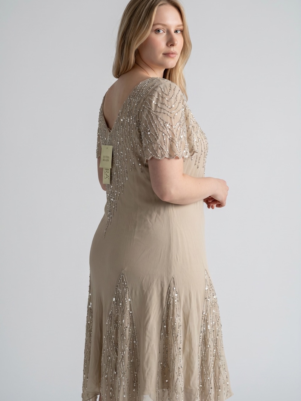 J Kara Beaded Beige Midi Dress